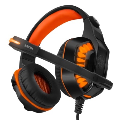 Auscultadores gaming pretos com detalhes laranja e microfone
