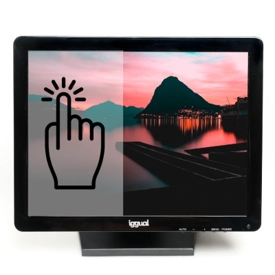 Monitor preto iggual com imagem de paisagem e ícone de mão a tocar no ecrã