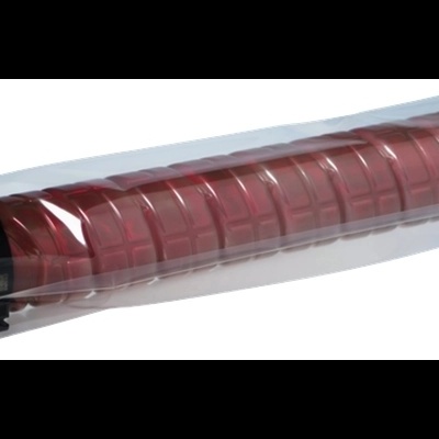 Toner de impressora vermelho embalado em plástico transparente com rótulos de aviso