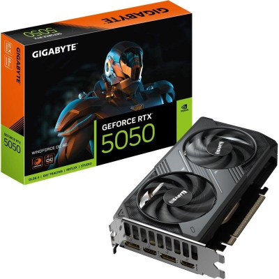 Placa gráfica Gigabyte GeForce RTX 5050 com caixa e duas ventoinhas