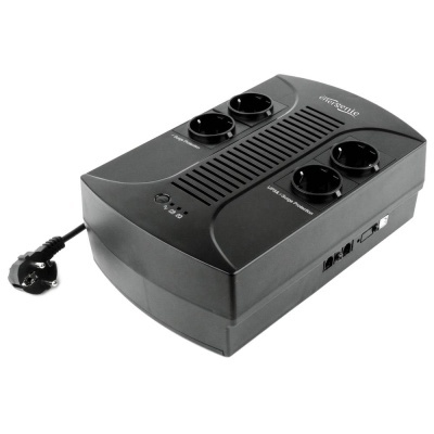 Nobreak preto da marca Energenie com quatro tomadas e cabo de alimentação.