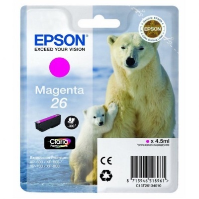 Embalaagem tinta Epson Magenta 26 com imagem de ursos polares