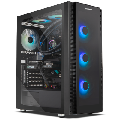 Computador desktop torre com painel lateral em vidro e ventoinhas RGB azuis