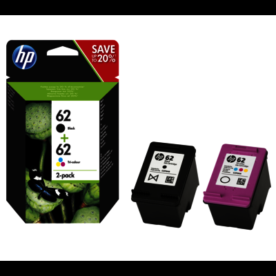 Cartuchos de tinta HP 62 preto e tricolor com embalagem a cores