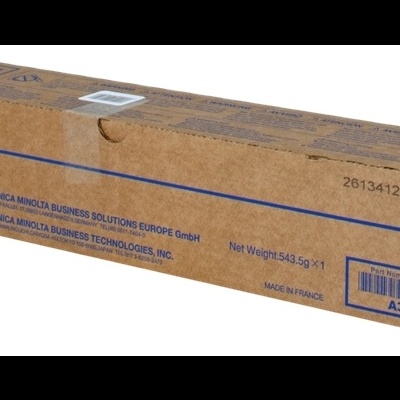Caixa de toner Konica Minolta TN321K preto em embalagem de cartão castanho com texto azul.