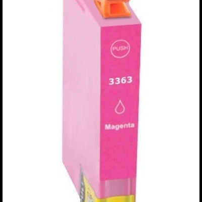 Cartucho de tinta magenta para impressora com rótulo rosa e detalhes em amarelo