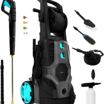 Kit lavadora alta pressão preto e azul com acessórios variados