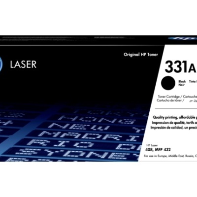 Embalagem de toner HP Laser preto e branco com texto e indicações de uso