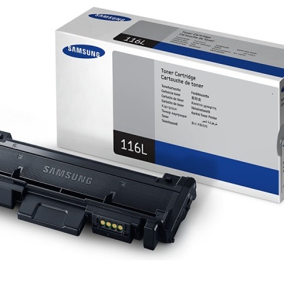 Toner Samsung 116L preto com caixa branca e azul com texto e logótipo