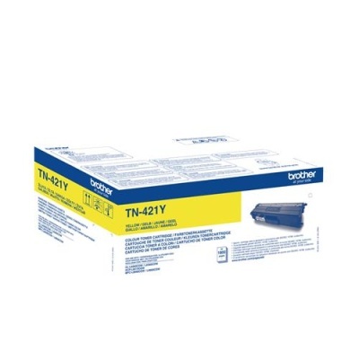 Caixa cartucho toner Brother TN-421Y amarela e branca com texto e imagem do cartucho azul