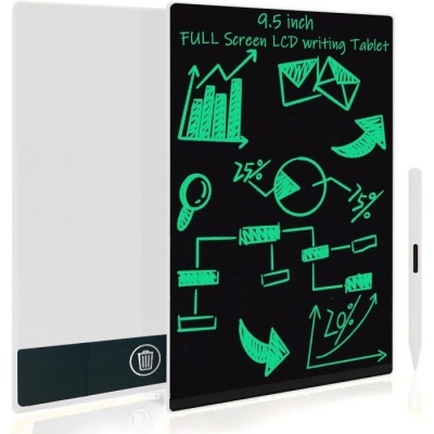 Tablet de escrita LCD preto com gráficos verdes e caneta branca.