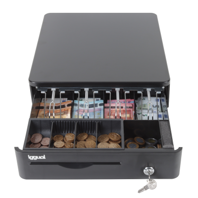 Gaveta de dinheiro preta aberta com notas de euros e moedas organizadas