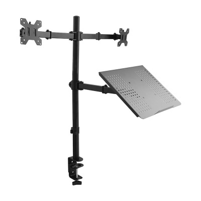 Suporte de metal preto para monitor duplo com prateleira inclinada para laptop