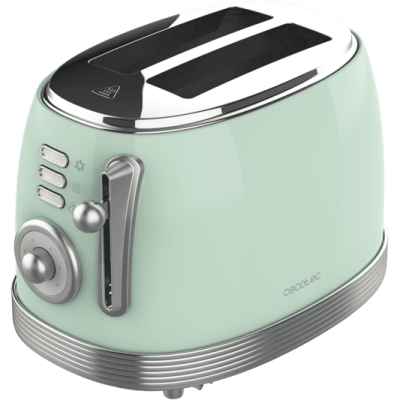 Torradeira Cecotec verde-mint com detalhes prateados e botões de funções