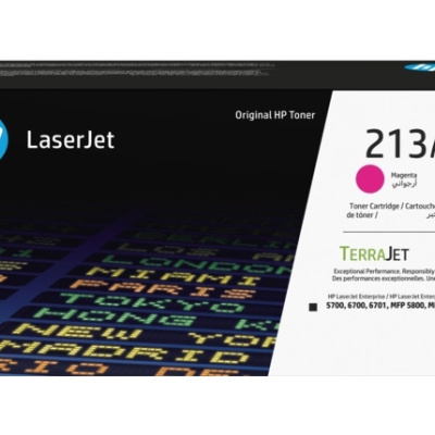 Cartucho toner HP LaserJet 213A Magenta original na embalagem preta e branca