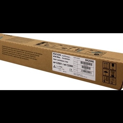 Embalagem de cartucho de tinta ciano Ricoh para impressora.