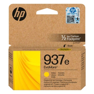 Embalagem de cartucho de tinta original HP 937e EvoMore amarela com logotipo HP