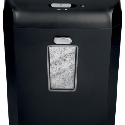 Triturador de papel preto Rexel Power Gel PS15X com papel destruído visível através de janela transparente