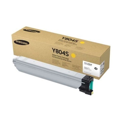 Cartucho de toner amarelo Samsung Y804S com embalagem e fundo branco