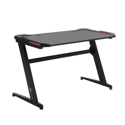 Secretária gaming preta com luzes LED vermelhas e estrutura em Z