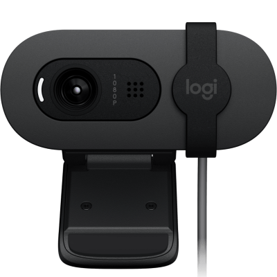 Webcam preta com lente e logotipo logi