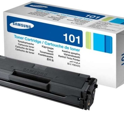 Toner Samsung modelo 101 com caixa branca azul e verde
