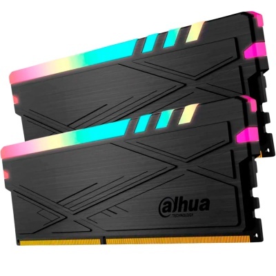 Módulos de memória RAM pretos com iluminação RGB e texto Dahua Technology