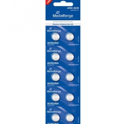 Pack de 10 pilhas de moeda alcalinas MediaRange AG10 LR54 1,5 V em blister azul
