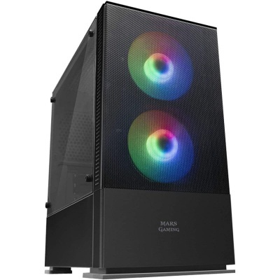 Computador de secretária preto com ventoinhas RGB iluminadas e painel lateral em vidro