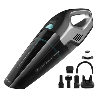 aspirador portátil preto e cinzento com acessórios