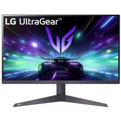 Monitor LG UltraGear com ecrã plano e suporte cinza escuro com imagem colorida