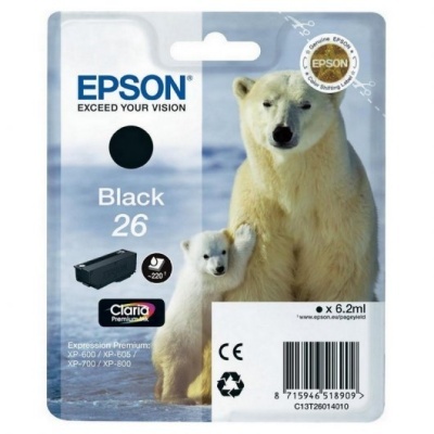 Embalagem de tinteiro Epson Black 26 com ursos polares e texto informativo