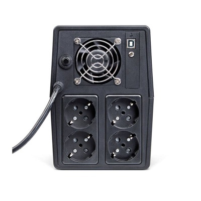 Estabilizador preto com quatro tomadas, ventoinha, botão rotativo e porta USB