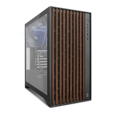 Computador de secretária com ripas de madeira castanha na frente e caixa preta com painel transparente