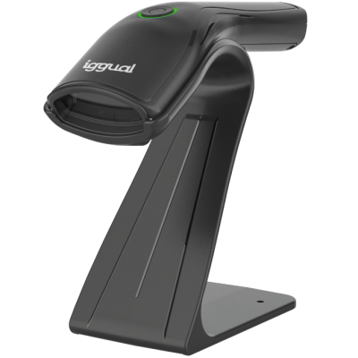 Leitor de código de barras sem fios preto iggual com suporte de mesa