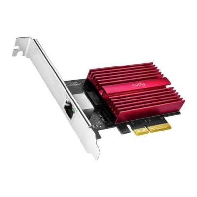 Placa de rede PCIe com dissipador vermelho e conector RJ45