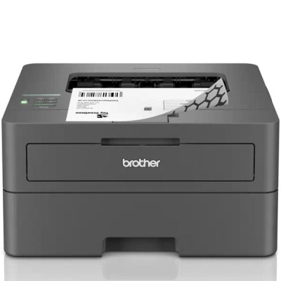 Impressora Brother cinza escuro a imprimir papel branco com texto e código de barras
