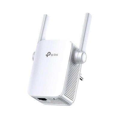 Repetidor de sinal Wi-Fi tp-link branco com duas antenas e porta Ethernet