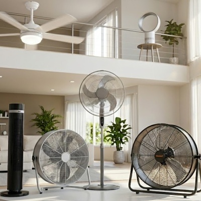 Seis ventiladores diversos em sala moderna iluminada