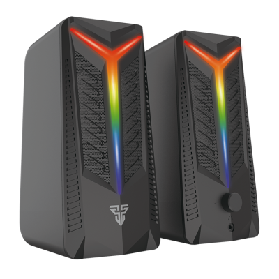 Colunas de computador pretas com LEDs coloridos