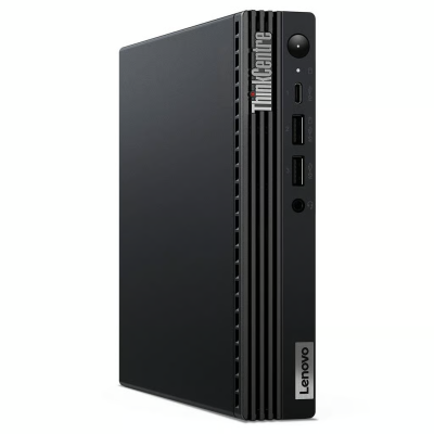 Mini PC Lenovo ThinkCentre preto com portas USB frontais e botão de energia