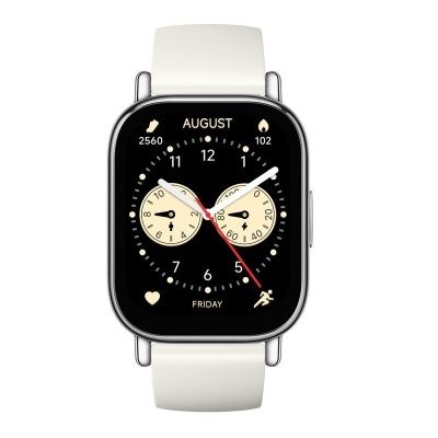 Relógio inteligente branco com mostrador digital preto e informações de saúde e data.