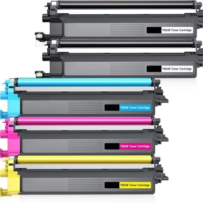 Cinco cartuchos de toner TN248 para impressora, nas cores preto, ciano, magenta e amarelo.