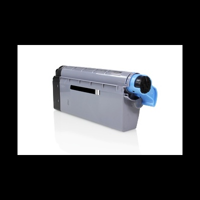 Cartucho de toner cinzento com detalhes azuis e pretos sobre fundo branco