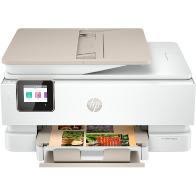 Impressora HP branca com tampa bege e ecrã tátil frontal