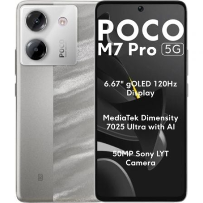 Smartphone POCO M7 Pro 5G prateado com ecrã a mostrar especificações