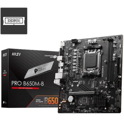 Placa-mãe MSI PRO B650M-B junto à sua caixa com texto e símbolo DDR5