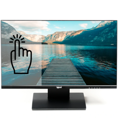 Monitor de ecrã plano preto com imagem de lago e montanhas