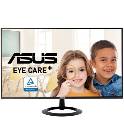 Monitor ASUS com ecrã largo preto mostrando crianças sorridentes e texto ASUS EYE CARE+
