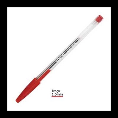 Caneta preta com tampa e ponta vermelhas e corpo transparente